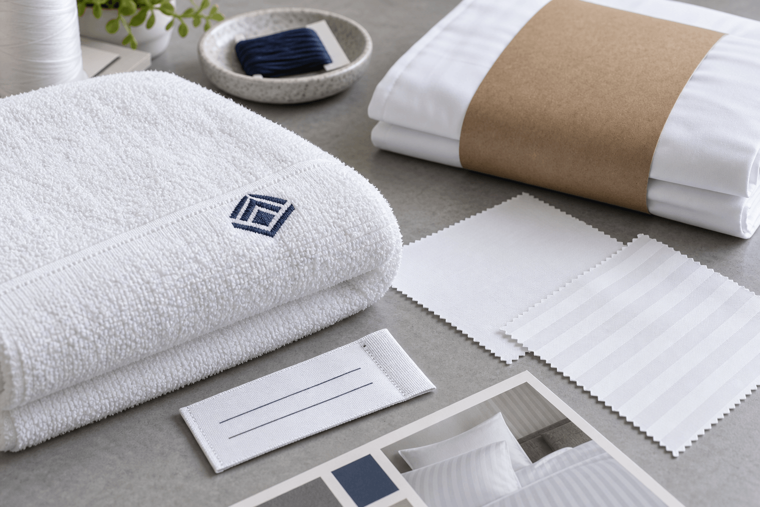 Hospitality linen customization samples showing embroidery, fabric and packaging